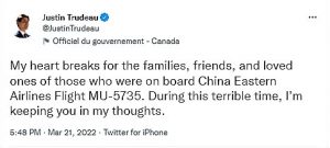 特鲁多总理对中国空难遇难者表示哀悼